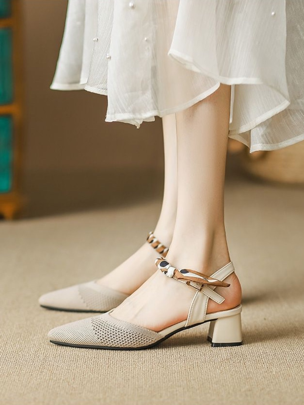 Beige Knit Pointed Toe Block Heel Slingbacks with Scarf Ankle Strap. NEW. 7.5